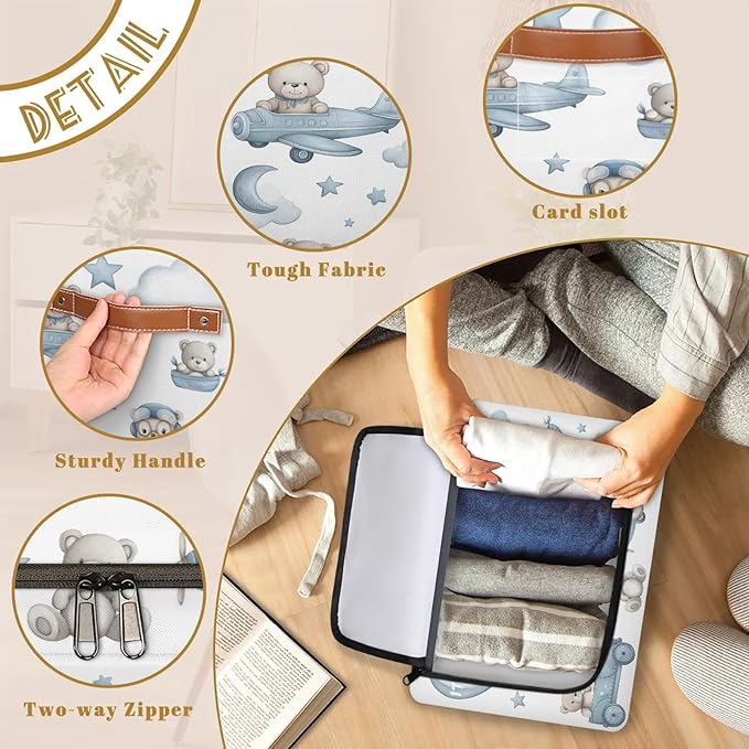 Rectangular Storage Baskets for Shelves - Waterproof Foldable Laundry Basket, Nursery Hamper, Reusable Toy Bin for Organizing Toys, Books, Clothes, Closet 14"x10.2" x10.4" (Little Bear)