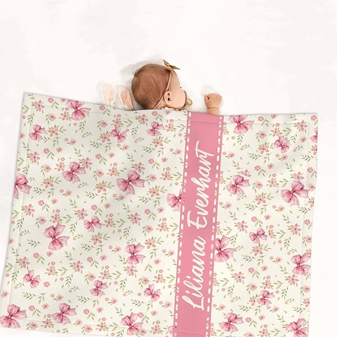 Personalized Baby Girl Crib Bedding Set – Custom Name Pink Bows 3-Piece Nursery Set with Soft Flannel Blanket, Fitted Sheet & Pillowcase – Infant & Toddler Bedding Gift