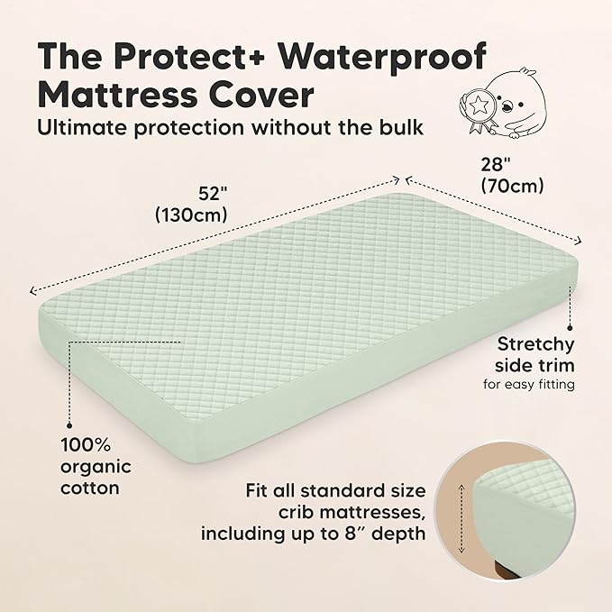 Waterproof Crib Mattress Protector Cover Fitted - 2-Pack Quiet Baby Crib Mattress Pad Sheets, 52" x 28" Soft Quilted Cotton Baby Sheet, Machine Washable, Easy Fit, Durable (Aloe/Quin)