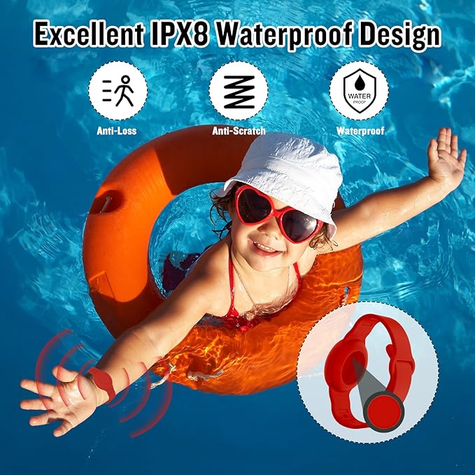 Waterproof AirTag Bracelet for Kids, Hidden Silicone Wristband for AirTag, GPS Tracker Case for Air Tag Holder Strap Band for Child Toddler, Secure Anti-Loss Protection(Red)