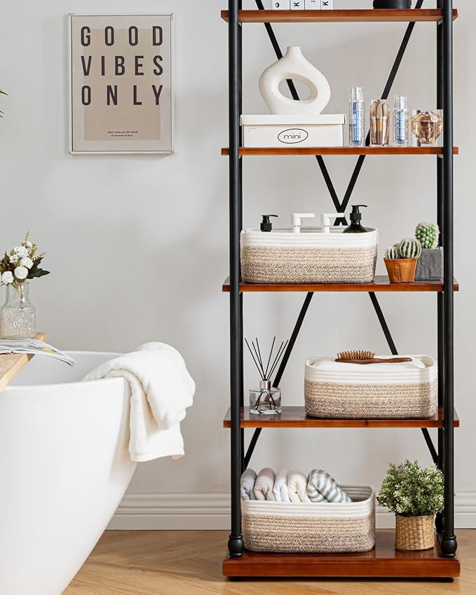 Small Woven Basket, 13.5 x 9.5 x 5 Inches, Storage Basket for Organizing, Cute Small Rope Shelf Closet Cube Storage Bins Baskets for Shelves, Dog Toy Gift Baskets Empty, 3 Pack Gradient Brown