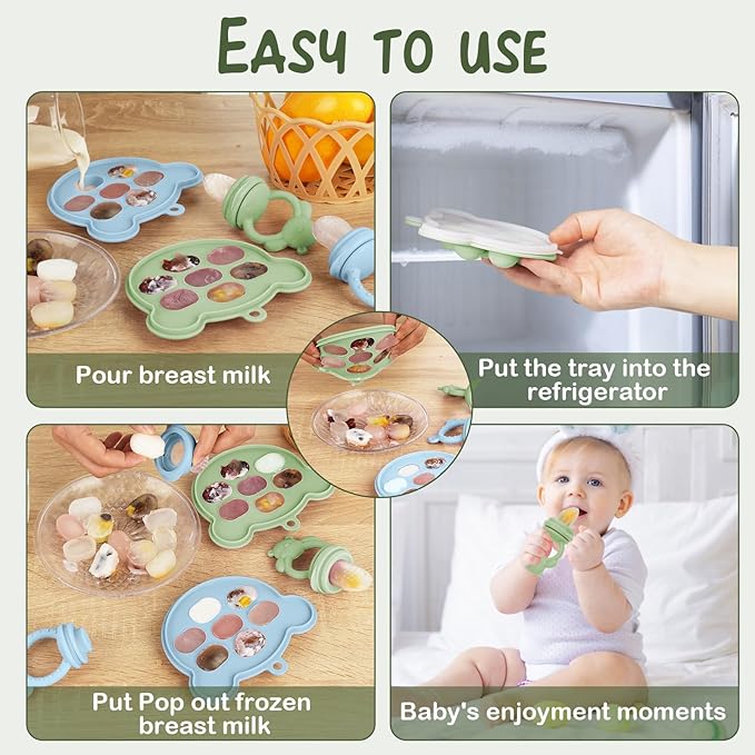 WAJIAYON Baby Breastmilk Popsicle Molds & Baby Fruit Feeder, Infant Food Freezer Tray Storage Containers, Silicone Teething Pacifier Feeder and Teether for Babies,Shower Gifts for Boys and Girls-Blue