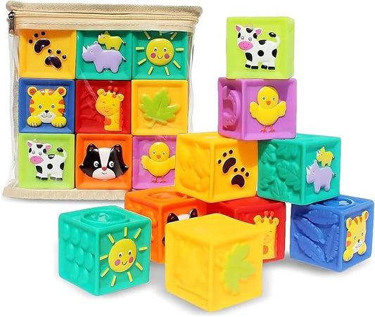 Kingtree Baby Blocks, 9PCS Soft Squeeze Building Blocks Stacking Toys for 6+ Months Babies, Baby Teething Chewing Educational Blocks Set with Numbers Animals Shapes Textures