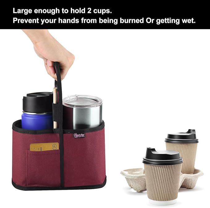Beautyflier Drink Carrier with Handle for Delivery Reusable Insulated Coffee Cup Carrier Portable 2 Cup Holder with Handle Organizer Tote Bag for Hot & Cold Drinks, Red