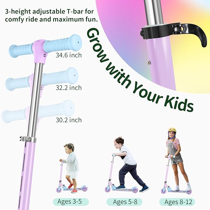 BELEEV V2 Scooters for Kids with Light-Up Wheels & Stem & Deck, 2 Wheel Folding Scooter for Girls Boys, 3 Adjustable Height, Non-Slip Pattern Deck, Lightweight Kick Scooter for Children Ages 3-12