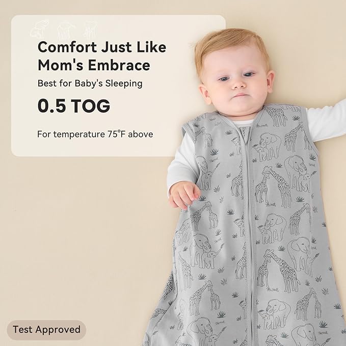 Baby Sleep Sack 6-12 Months 0.5 Tog Wearable Blanket Baby, 3 Pack 100% Cotton Lightweight Sleeping Sack with 2-Way Zipper for Newborn Infant Apricot Gray Green Elephant