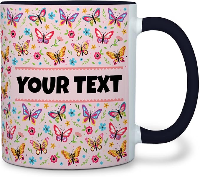 Personalized Mug for Kids - Butterflies - Custom Name/Text, Ceramic Hot Chocolate/Cocoa/Coffee Cup for Girls, Birthday/Christmas/Holiday Gift - 11 oz, Black Handle