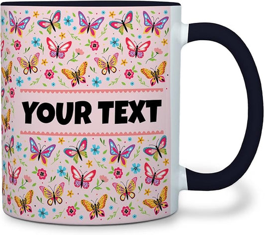 Personalized Mug for Kids - Butterflies - Custom Name/Text, Ceramic Hot Chocolate/Cocoa/Coffee Cup for Girls, Birthday/Christmas/Holiday Gift - 11 oz, Black Handle