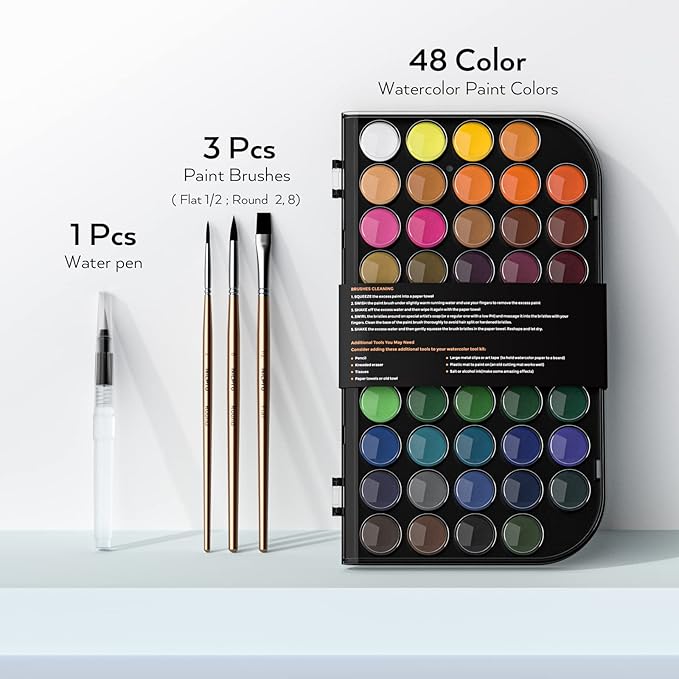 Nicpro Watercolor Paint Set, 48 Water Colors Kit with 3 Painting Brushes, Palette, Watercolor Pen, Non-toxic Painting Supplies for Kids, Adults, Students, Beginners and Artists