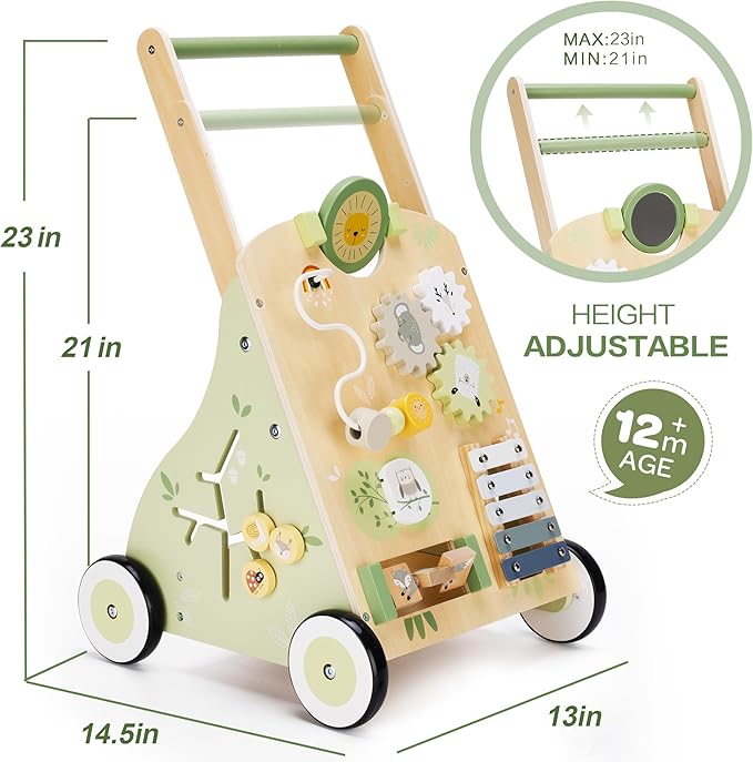Wooden Baby Push Walker and Toddler Pull Learning Activity Toy - Develop Motor Skills & Creativity - Multiple Activities Center for 1-3 Years Old Boys and Girls