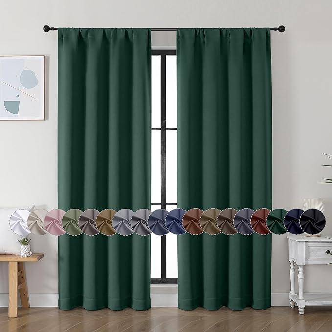 Simplebrand Ava Ever Green Blackout Curtains for Bedroom 72 Inch Length 2 Panels Set, Thermal Insulated Rod Pocket Door Window Curtains for Patio French Door Front Door, W40 x L72 Inch, Ever Green