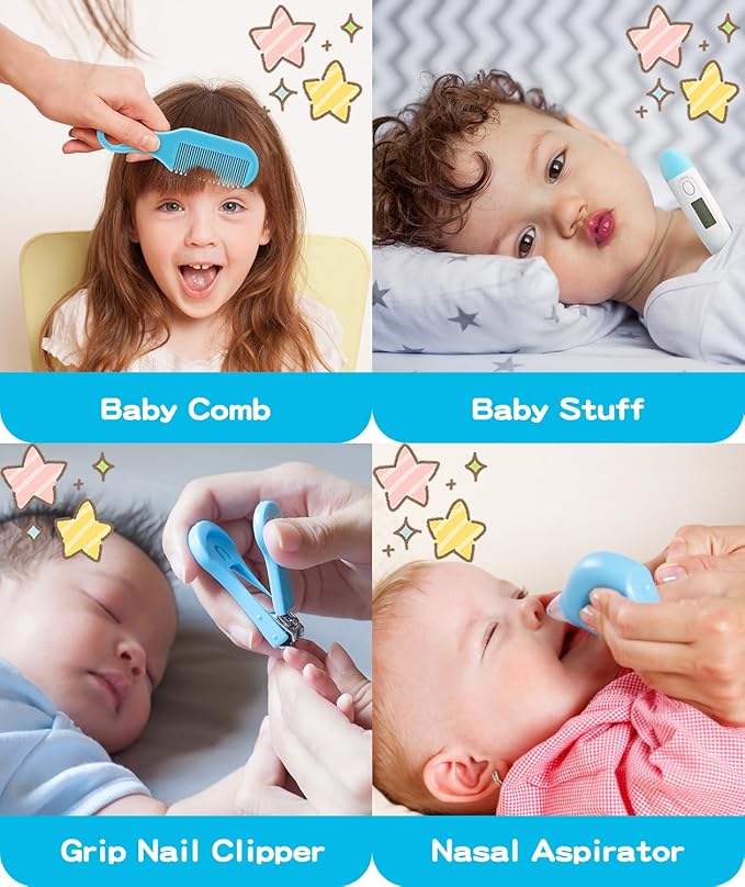 Baby Grooming and Healthcare Kit, Portable Baby Safety Care Set with Hair Brush Comb Nail Clipper Nasal Aspirator for Nursery Newborn Infant Girl Boy (25 in 1, Blue)