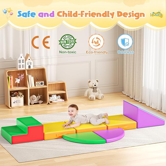 Lischwert Foam Climbing Blocks for Toddlers 1-3, 5pcs Foldable Soft Play Set with Crawling Exploration Toys - Indoor Infant Safe Blocks for Baby Gym & Toddler Playground