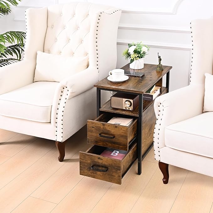 Side Tables with Charging Station, Narrow End Table with 2 Wooden Drawers, USB Ports and Power Outlets, Narrow Nightstand and Bedside Table, Side Tables Living Room, Bedroom, Brown