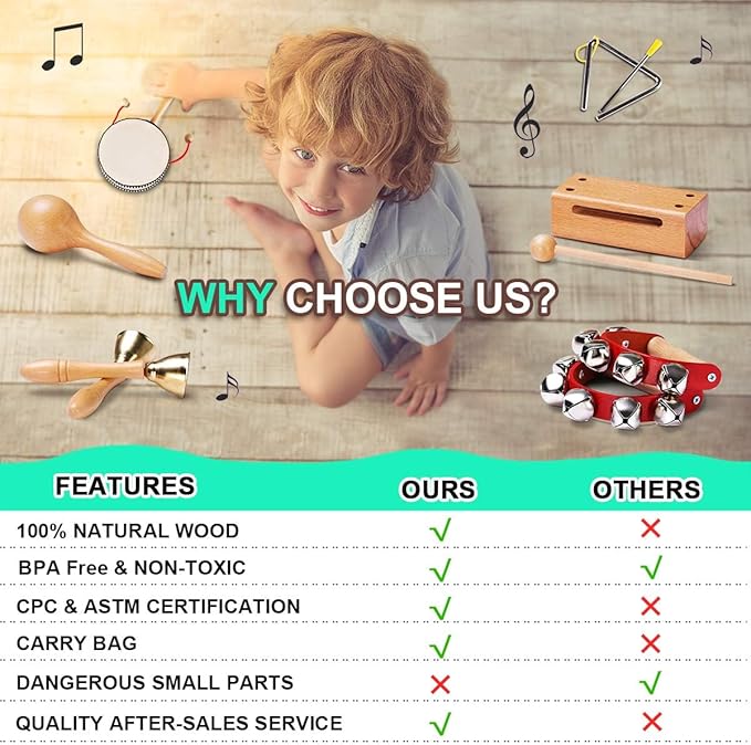 LOOIKOOS Toddler Musical Instruments Montessori Natural Wooden Percussion Instruments for Kids Preschool Educational Musical Toys Set for Boys and Girls with Storage Bag
