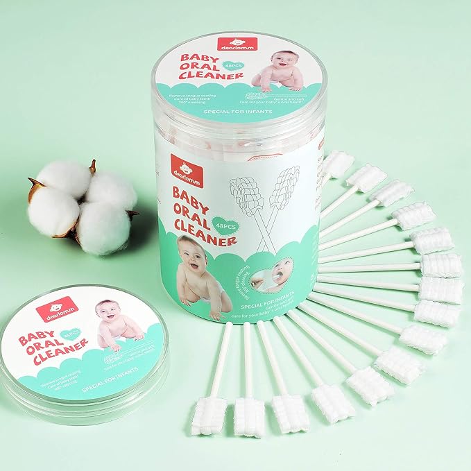 dearlomum Baby Tongue Cleaner, Newborn Toothbrush, 48PCS Disposable Infant Clean Mouth,Gauze Gum Cleaner Baby Oral Cleaning Stick Dental Care for 0-36 Month