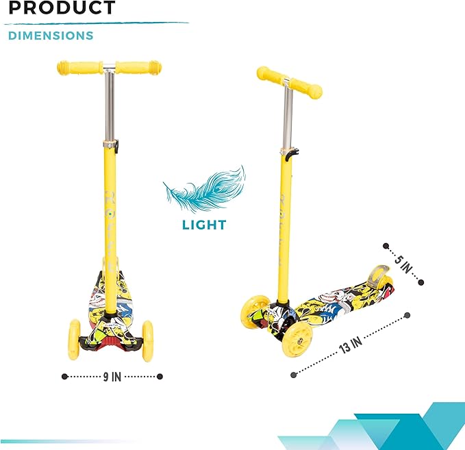Maxi Scooter for Kids Ages 6-12 Lean-to-Steer 3 Wheel Scooter for Kids Ages 6-12 PU Light-Up Wheels Kids Scooter Adjustable Height Light Weight Aluminum Scooters T-Bar Colorful Design Printed