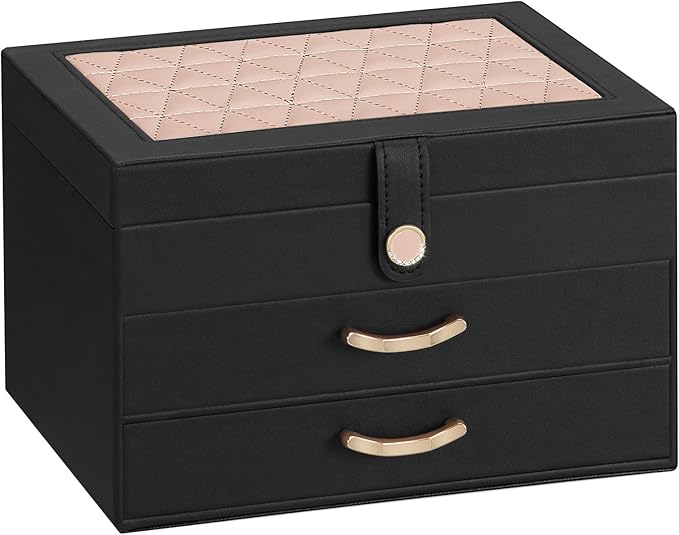Black Jewelry Box Organizer: Home Decor for Women - 2-Drawer Holder for Valentine’s Day Birthday Christmas Black Pink