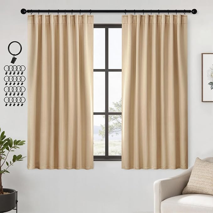 ANRODUO Back Tab Blackout Curtains for Bedroom Living Room, Rod Pocket Pinch Pleated Thermal Insulated Room Darkening Curtains 72 Inches Long 2 Panels, Beige, 42 x 72 Inch