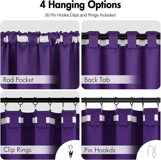 ANRODUO Back Tab Blackout Curtains for Bedroom Living Room, Rod Pocket Pinch Pleated Thermal Insulated Room Darkening Curtains 63 Inches Long 2 Panels, Purple, 42 x 63 Inch