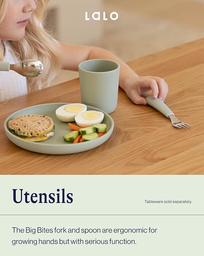 Lalo Utensils - Toddler Fork and Spoon Set - Stainless Steel and Silicone Ergonomic Toddler Utensils - Children Safe Flatware Set - 2 Pieces - Sage