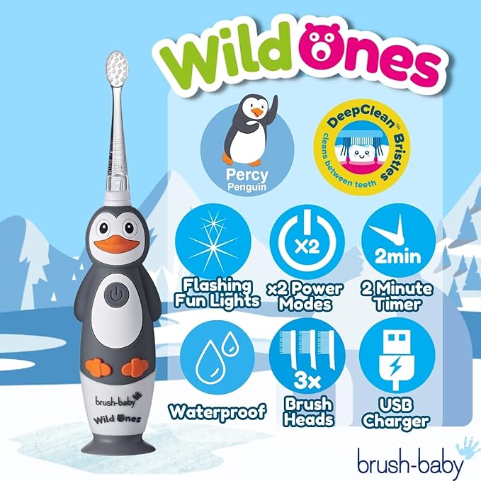 brush-baby WildOnes Kids Electric Rechargeable Toothbrush Penguin, 1 Handle, 3 Brush Heads, USB Charging Cable, for Ages 0-10 (Penguin)