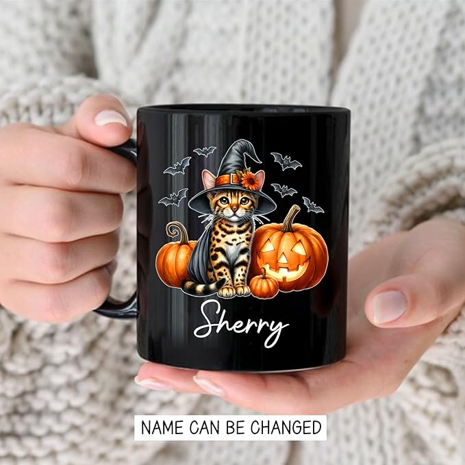 Personalized Name Bengal Wearing Witch Hat Coffee Mug, Custom Bengal Halloween Ceramic Cup, Spooky Cat Pumpkins Mug 11oz 15oz, Pet Halloween Black Cup, Gift for Cat Dad Mom Family Friend