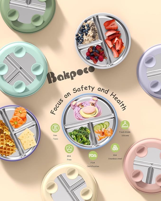 Stainless Steel Toddler Suction Plate with Lid, Deeper 9" Divided Plates with Removable Silicone Sleeves for Kids, Non Toxic & BPA Free | Unbreakable Baby Snack Dishes Set of 2, Blue & Gray
