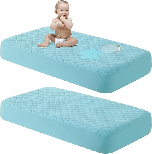 NTBAY 2 Pack Waterproof Crib Mattress Protector, Quilted 28"x52" Toddler Fitted Sheet - Machine Washable - Soft and Breathable Mattress Pad Cover for Crib, Nursery, Daycare, Cot, Aqua