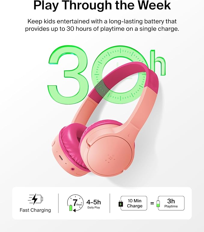 Belkin SoundForm Mini w/Case - Wireless Bluetooth Kids Headphones with 30H Battery Life, 85dB Safe Volume Limit, Built-in Microphone - Kids On-Ear Earphones for iPhone, iPad, & More - Pink