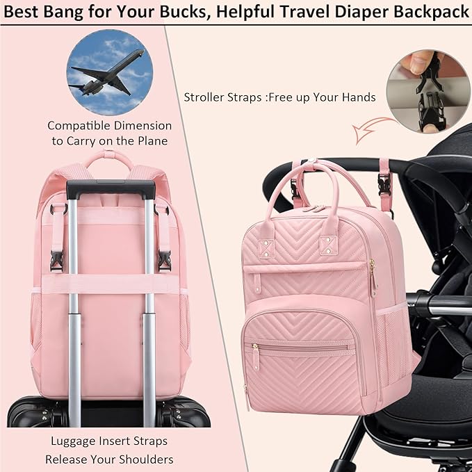 Diaper Bag Backpack for Women with Changing Pad, Baby Bag with Insulated Pockets Multifunctional Diaper Bags For Baby Girl Boy Waterproof Baby Bags For Boys Girls Maternity Bag Baby Pink