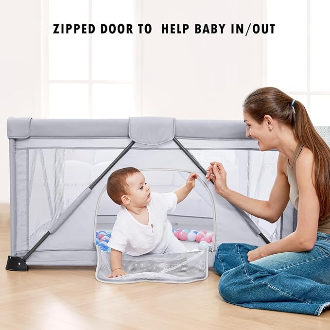 Baby Playpen Foldable, Playard for Babies and Toddlers, Portable Playpen Activity Center with 50 Balls+2 Handles for Travel, Indoor & Outdoor Play Pen with Mesh 50''x50''