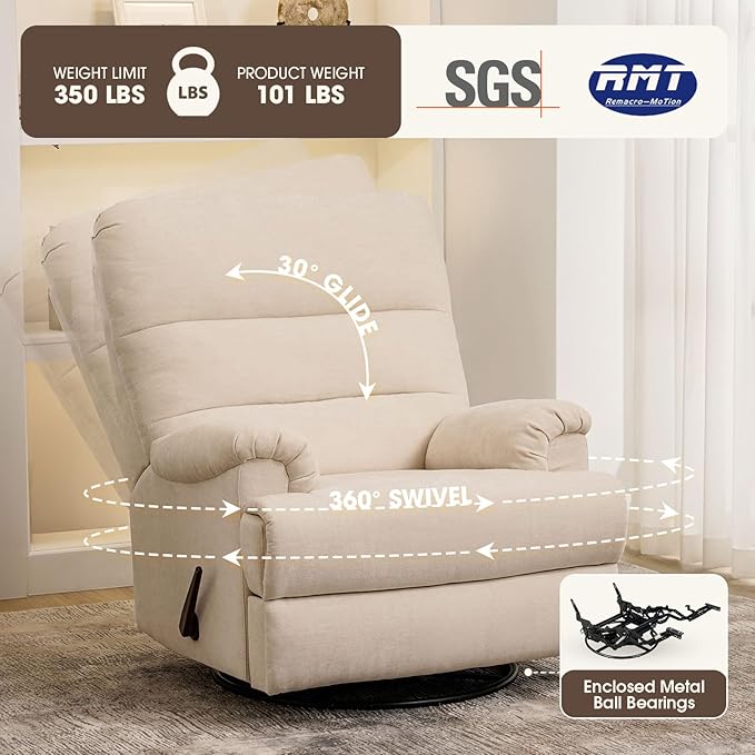 Large Glider Rocker Recliner,Beige Swivel Rocking Recliner Chair,Reclining Sofa Rocking Chair Nursery,23 Inches Deep Seat & 27 inches High Back,for Living Room, Bed Room‎ (Beige)