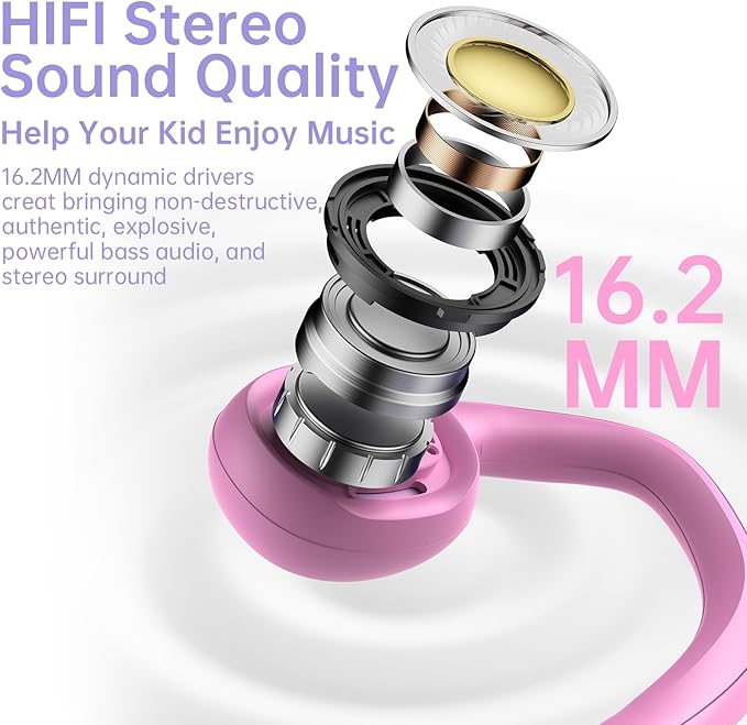 Kids Headphones, Bluetooth 5.2 Air Conduction Open Ear Headphones, 85dB Volume Limiting, Stereo Sound with Mic, IPX5 Waterproof, 20H Playtime, Perfect for School and Outdoor-Pink