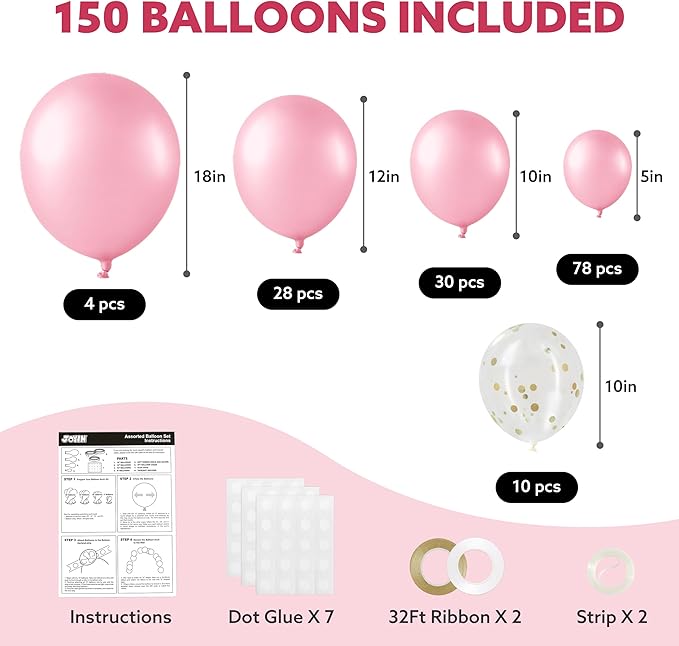 JOYIN 150 Pcs Pastel Pink Balloons, Different Sizes 18 12 10 5 Inch Pastel Pink Latex Balloon Arch Kit with Instruction for Birthday Decoration Party Graduation Wedding Holiday