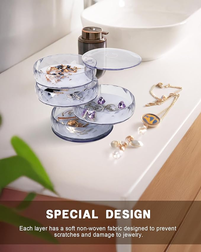 CONBOLA Acrylic Jewelry Organizer, Small Storage Box Jewelry Earring Holder for Women, 5-Layer Rotating Travel Jewelry Tray Case with Lid for Bracelet