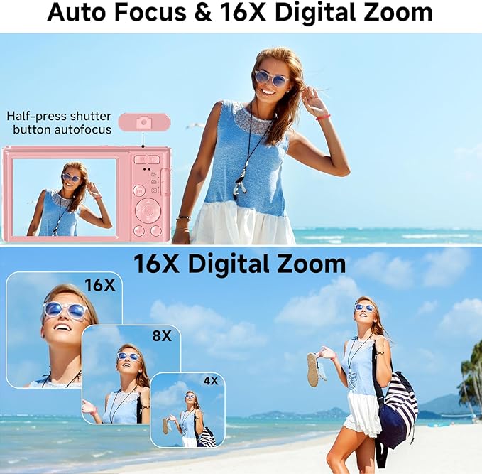 Digital Camera, FHD 4K 44MP Digital Camera, 16X Digital Zoom, Digital Point and Shoot Camera with 3-LED Fill Lights, 64GB SD Card, Compact Camera for Kids Teen Boys Girls, Pink