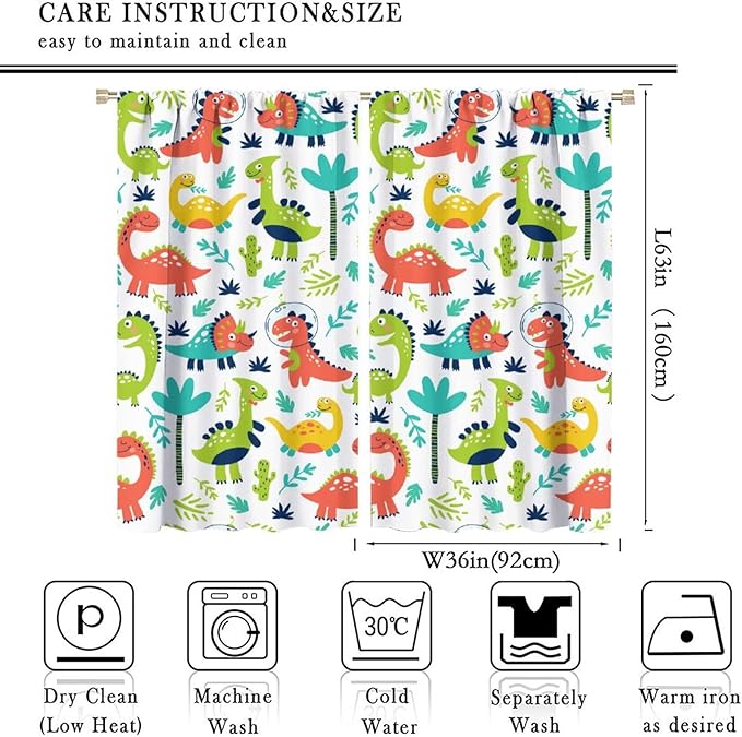 Rustic Dinosaurs Curtains Colorful Dino Kids Boys Cartoon Cute Cool Funny Decor Printed Blackout Rod Pocket Window Drapes for Living Room Bedroom W36xL63in 2 Panels