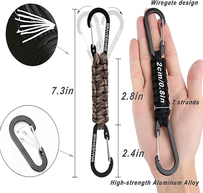 BRAVESHINE Paracord Keychain Carabiner Clip, D Ring Lanyard Hanger Stroller Hook for Water Bottle, Key, Backpacks, Men, Women