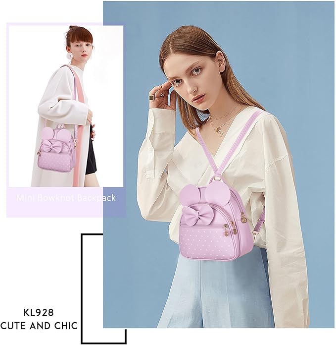 KL928 Girls Bowknot Polka Dot Cute Mini Backpack Small Daypacks Convertible Shoulder Bag Purse for Women