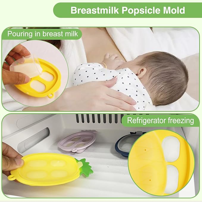 Baby Fruit Food Feeder - Silicone Nibble Tray Combo - Breastmilk Popsicle Mold for Cooling Relief, BPA Free Mesh Feeder for Infant Self Feeding (Monkey Mint + Pineapple)