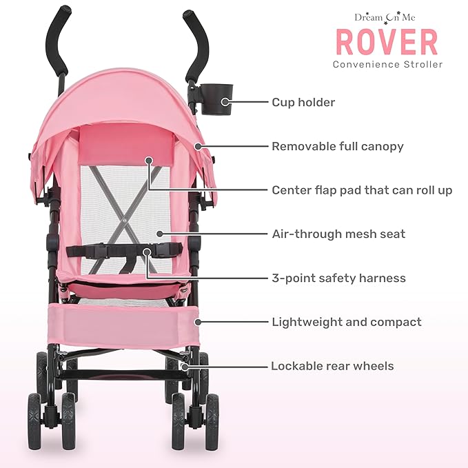 Dream On Me Rover Convenience Baby Stroller in Pink, Lightweight & Compact Umbrella Stroller, Easy one-Hand fold Travel Stroller, Lockable Rear Wheels, Removable & Adjustable Canopy