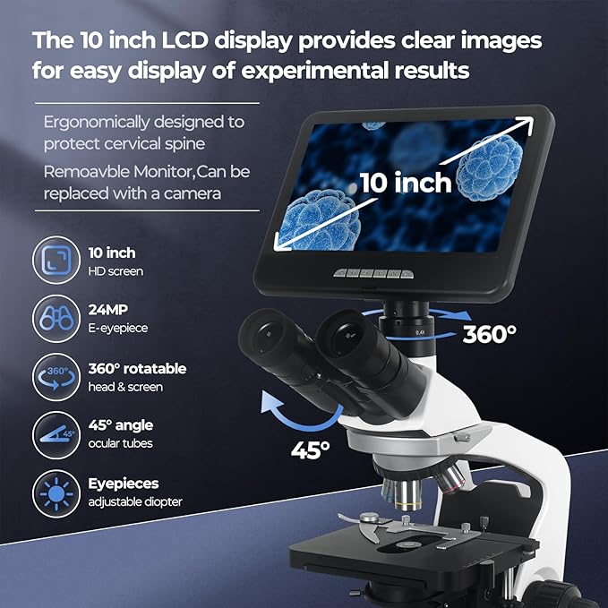 [Infinity-Corrected] Trinocular Compound Microscope with 10" 24MP Monitor, 40-1000X Magnification, Infinity Achromatic Objectives FL10X Eyepieces,Large Mechanical Stage, One-click taking photo & video