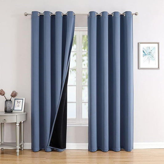 ChrisDowa 100% Blackout Curtains for Bedroom with Black Liner, 2 Thick Layers Total Blackout Thermal Insulated Grommet Long Window Curtains 2 Panels Set (Stone Blue, 52 x 95 Inch)