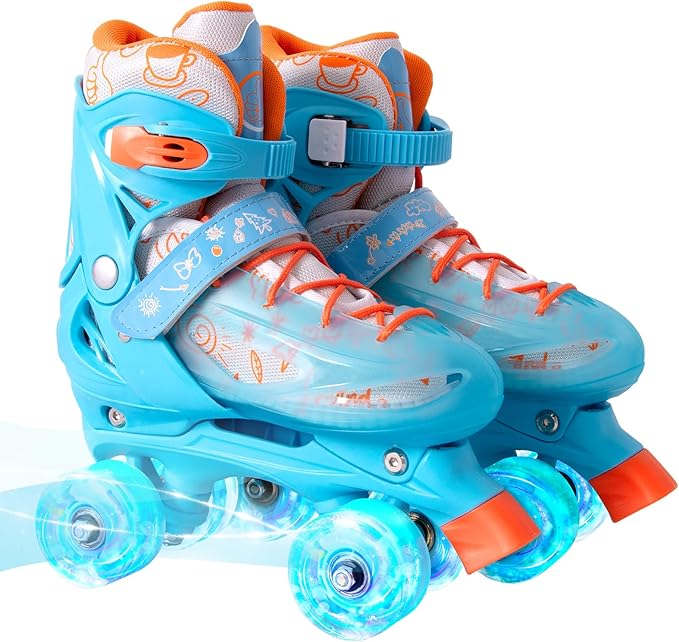 Rainbow Toddler Roller Skates - Size 4 Adjustable | Light Up Quad Skates for Girls & Boys Beginners Aged 3-12