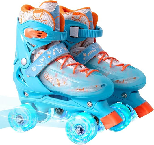 Rainbow Toddler Roller Skates - Size 4 Adjustable | Light Up Quad Skates for Girls & Boys Beginners Aged 3-12