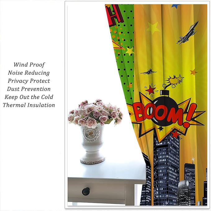 Superhero Rod Pocket Blackout Curtains for Boy Girl Bedroom, City War Explosion Comics Art Home Energy Efficient Light Filtering Window Curtain for Living Room, 63x63 inch