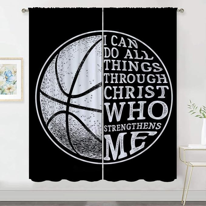 Basketball Blackout Curtains for Boy Girl Room Darkening Decor,Sport Theme and White Motto Dark Background Bedroom Living Room Home Rod Pocket Thermal Insulated Window Curtain/Drapes Panel,63x63 Inch…