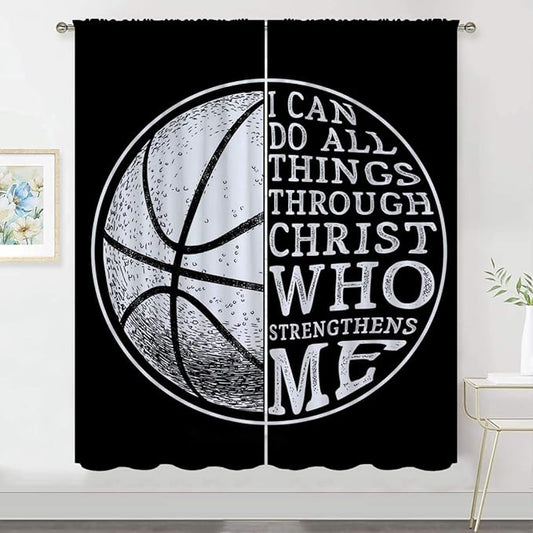 Basketball Blackout Curtains for Boy Girl Room Darkening Decor,Sport Theme and White Motto Dark Background Bedroom Living Room Home Rod Pocket Thermal Insulated Window Curtain/Drapes Panel,42x45 Inch…