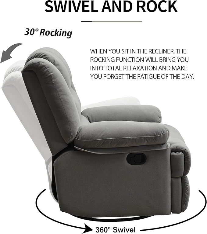 Swivel Rocking Recliner Chair for Adults, Overstuffed Manual Glider Rocker Recliner Chairs, Upholstered Reclining Single Sofa for Living Room Nursery (Grey)